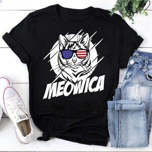 Meowica Cool Cat With American Flag Vintage T-Shirt, Independent Day Shirt